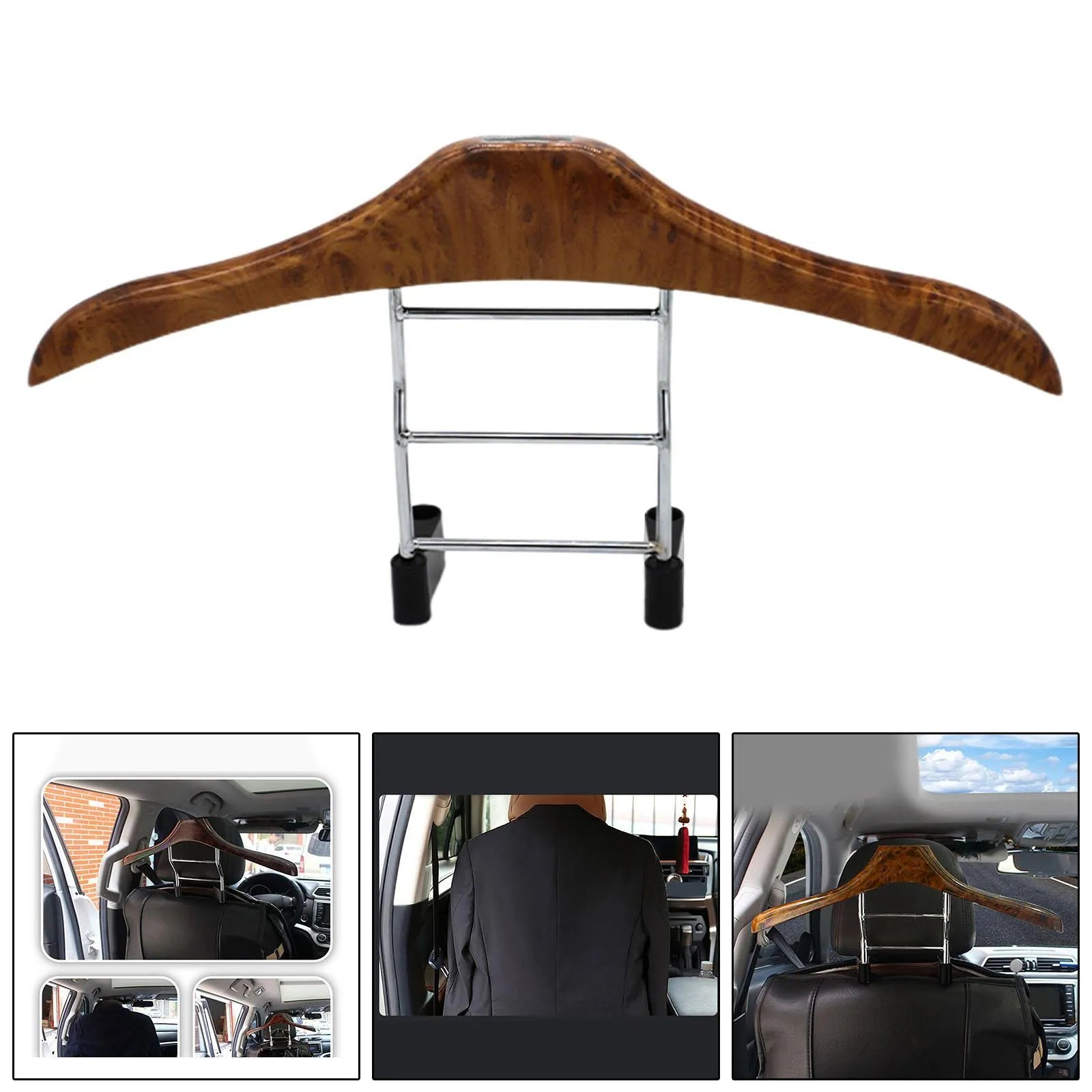 Wood yellow stainless steel car mounted clothes hanger showing dimensions of 46.5 by 23 centimetres