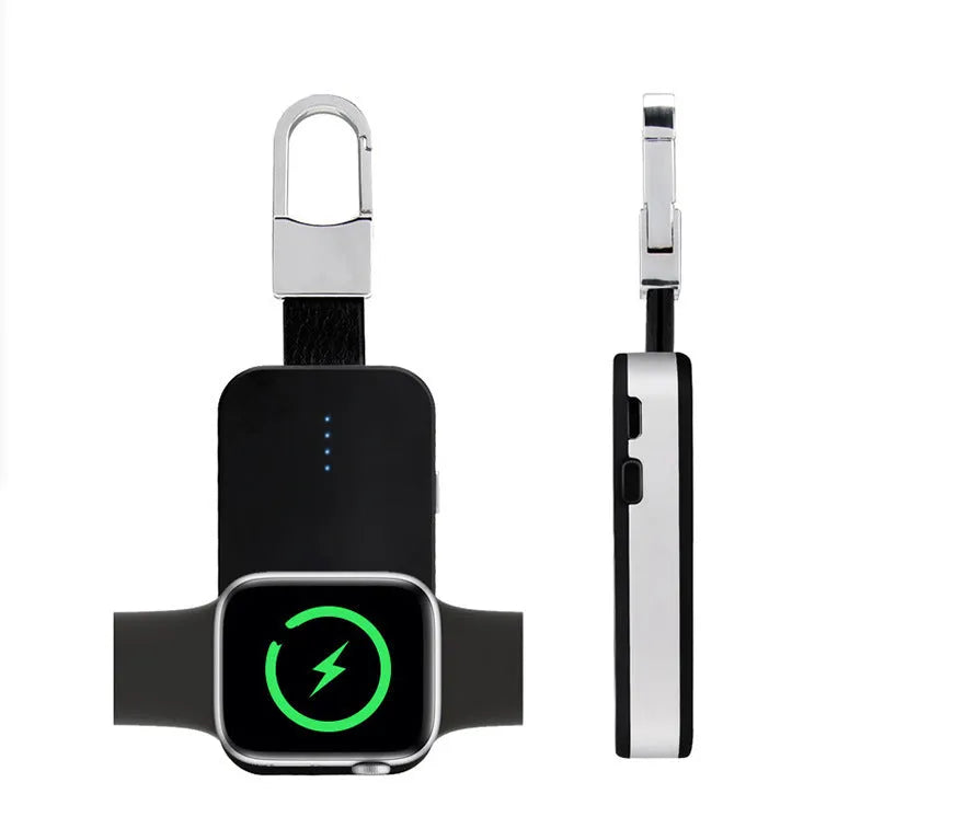Black Apple Watch wireless charging power bank on a keyring