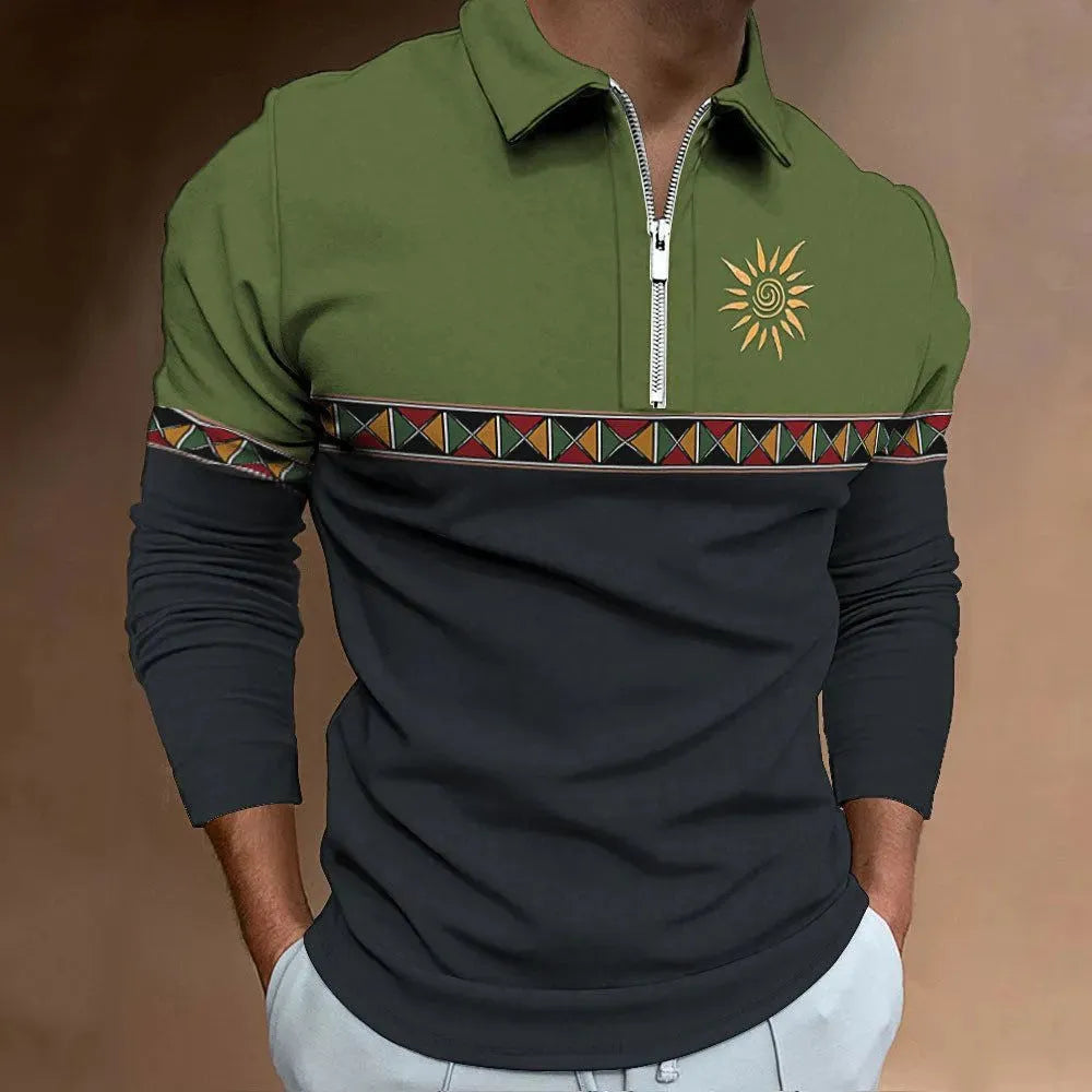 Men's loose fit long sleeve t-shirt with retro stripe printing and zipper detail.