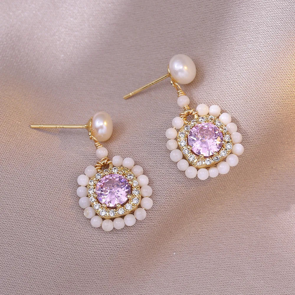 Natural freshwater pearl flower earrings with diamond treatment in purple and pink colour options for women