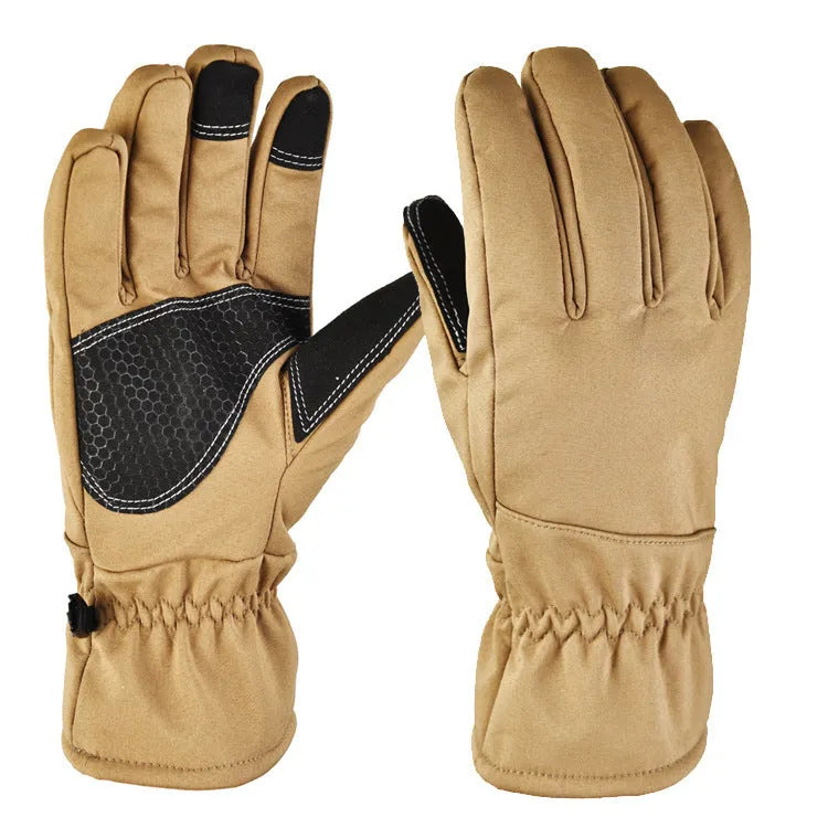 A pair of nylon tactical ski gloves in camouflage colour on a snowy background.