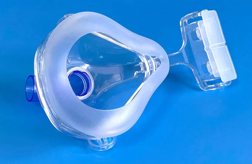 Transparent CPAP breathing mask with ventilator adapters and headgear accessory set