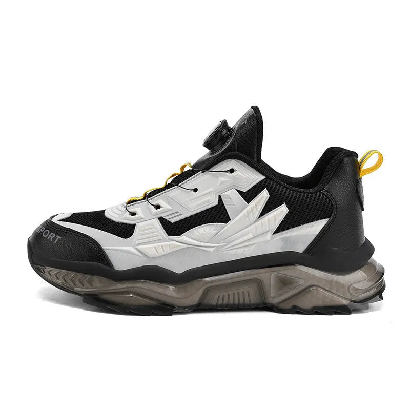 Men's black casual shoes with rotating button fastener and mesh upper on a rubber platform sole.