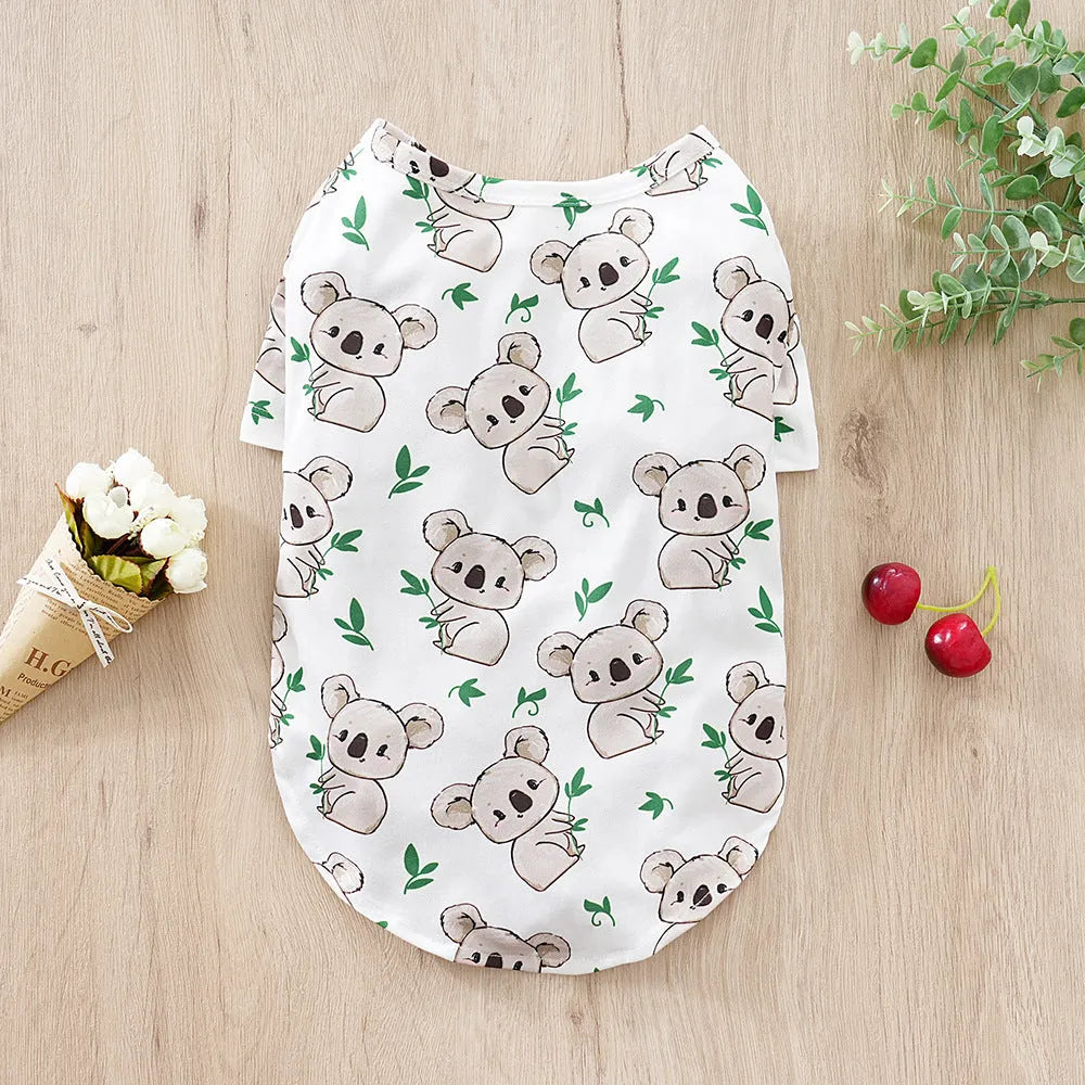 Printed polyester dog t-shirt for small dogs showing colourful design with size options S to XXL