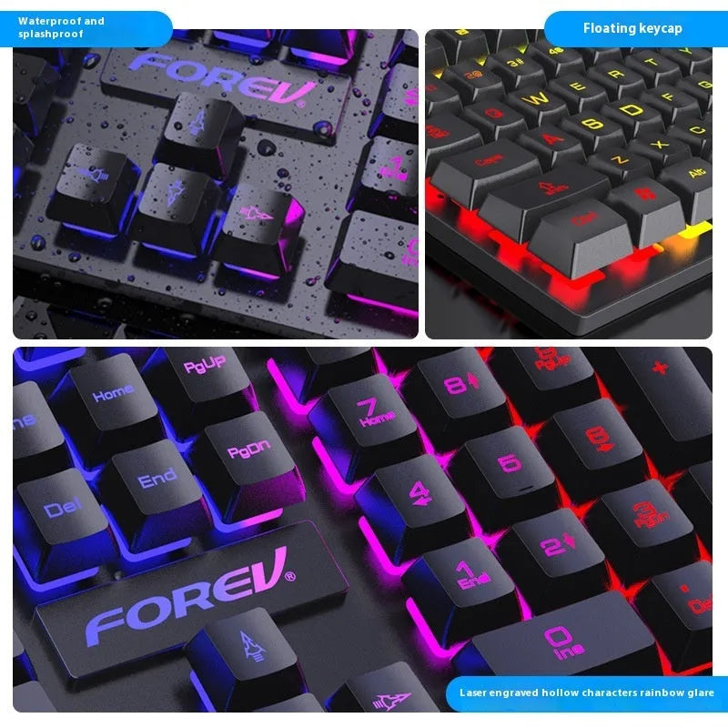 Black 104-key backlit gaming keyboard with compact design and matching mouse