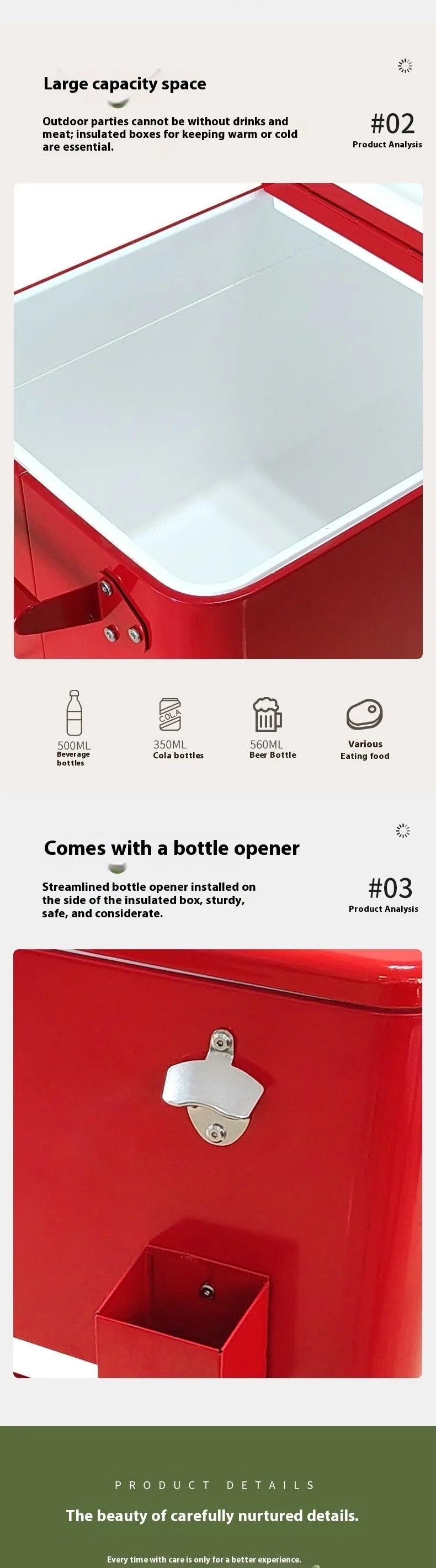Red metal outdoor insulated picnic trolley with wheels and a 750 capacity.