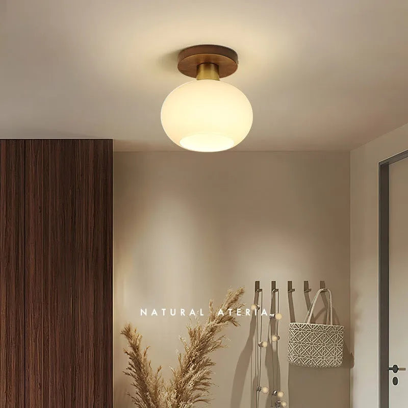 Chinese style simple light luxury walnut and brass ceiling lamp for corridor or balcony with three light colours