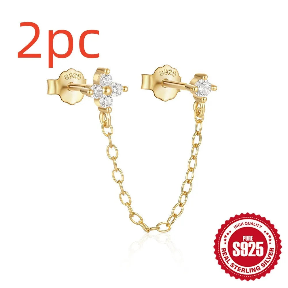 S925 sterling silver ear clip studs with flower, tassel and chain design in golden electroplated finish