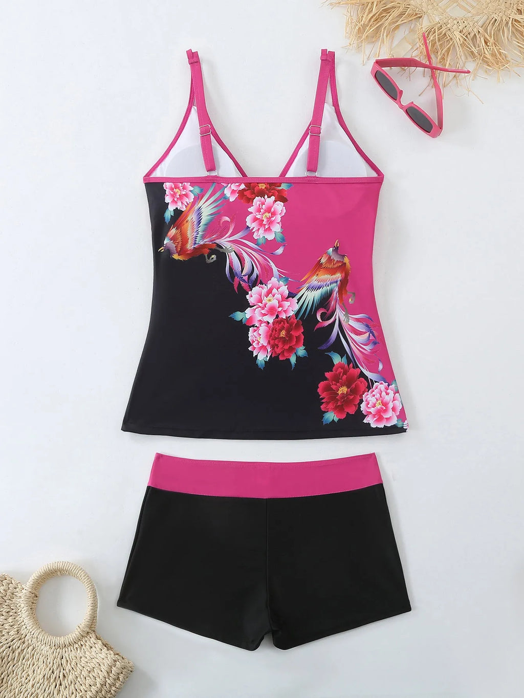 Women's plus size black and rose red swimsuit set with briefs, made from polyester with cotton lining.