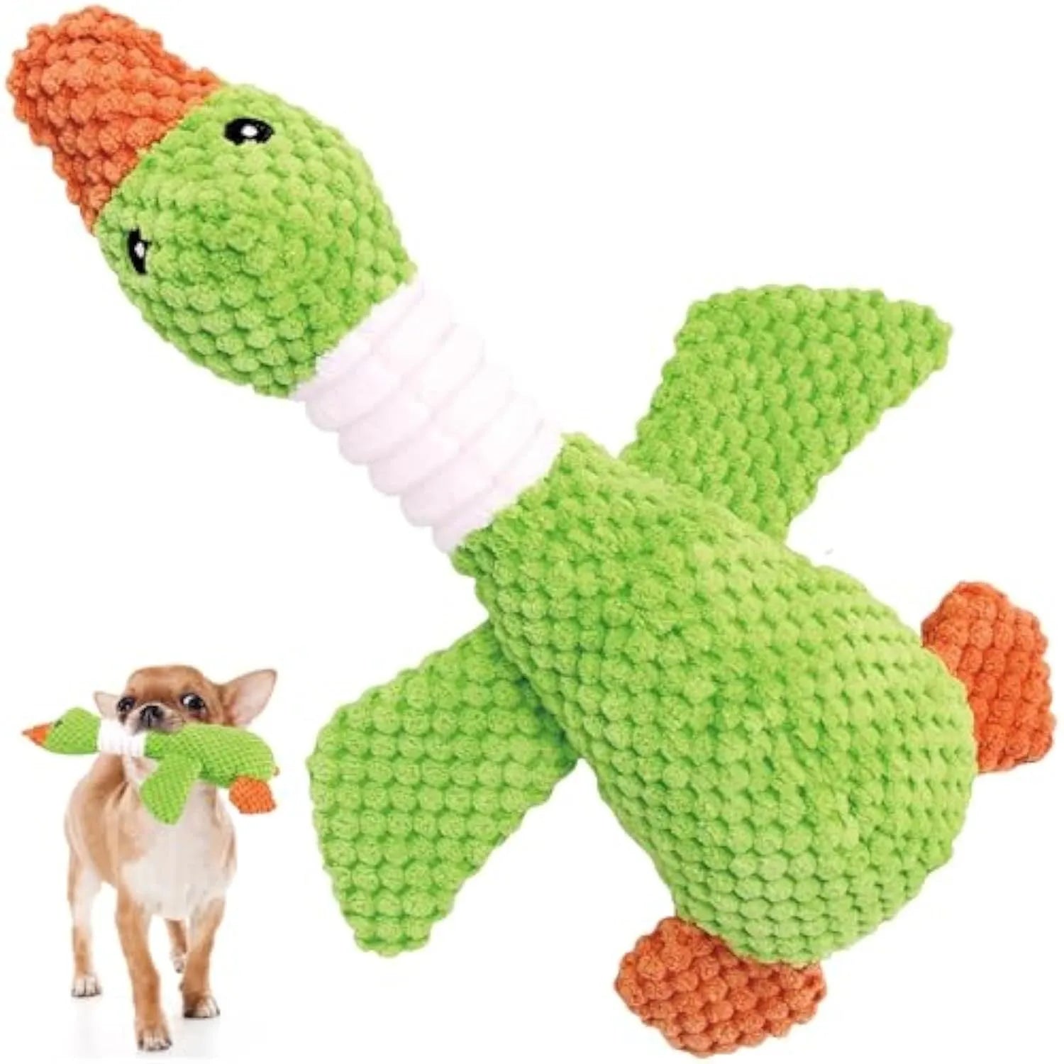 Blue green or grey durable plush duck dog toy with squeaker for chewing and play.
