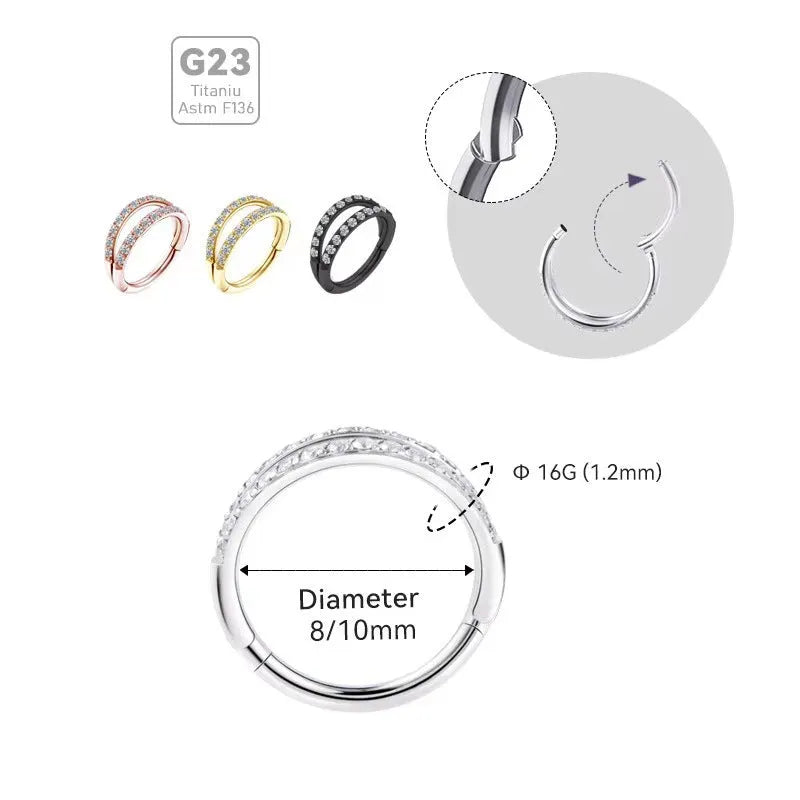 Close-up of a G23 titanium alloy nose or ear ring with a small zircon gemstone, shown in a gold tone finish.