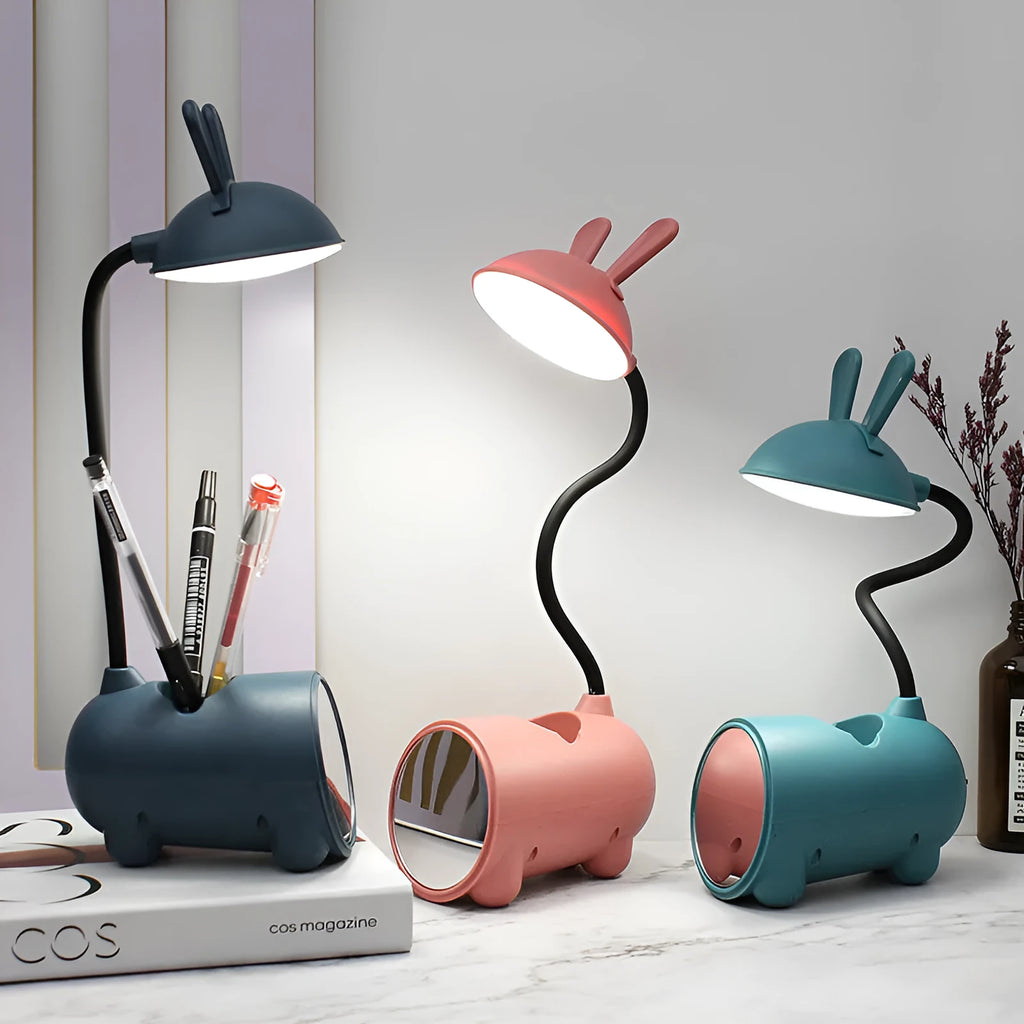 Cartoon style desktop pen container lamp in green, dark blue, or pink with USB cable