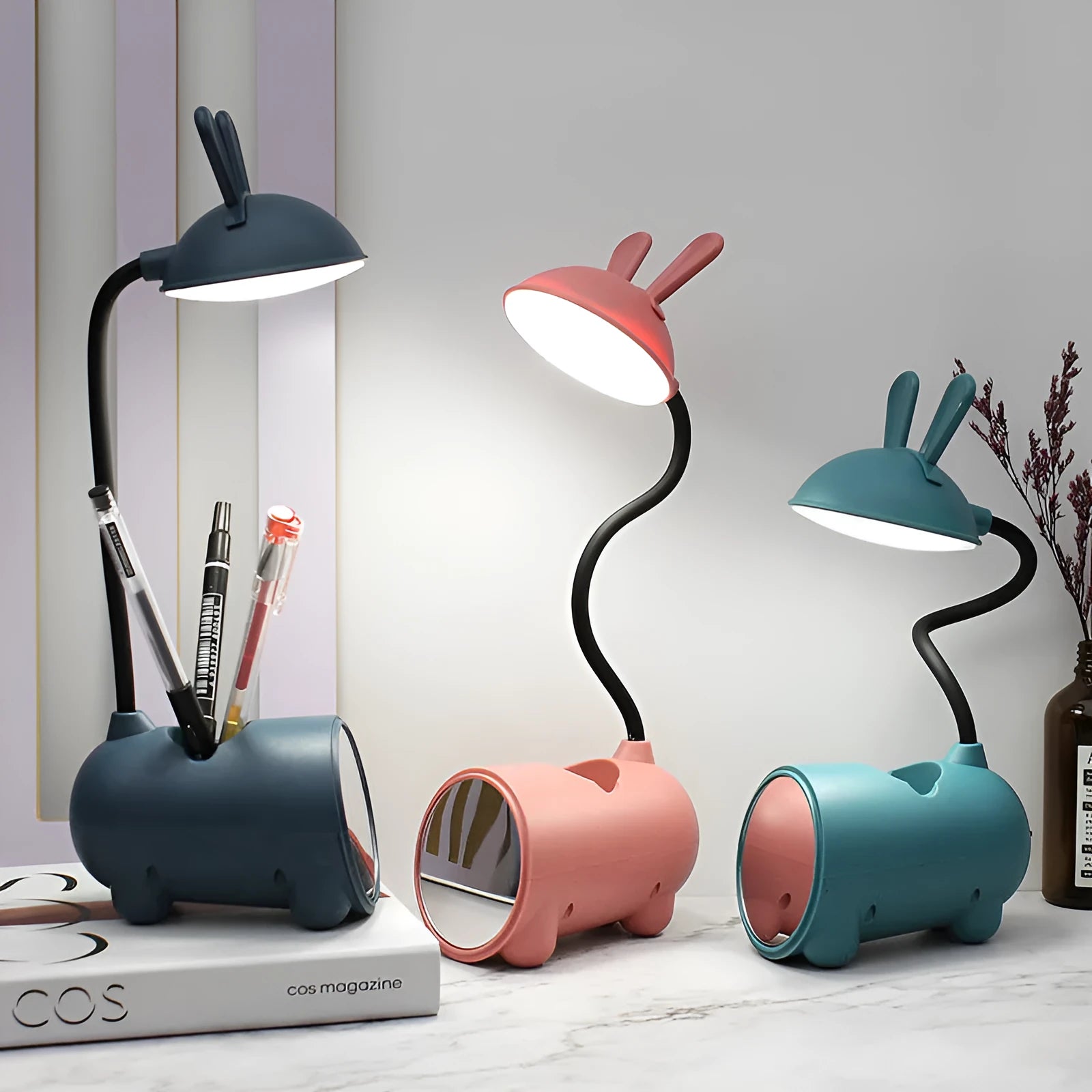 Cartoon style desktop pen container lamp in green, dark blue, or pink with USB cable