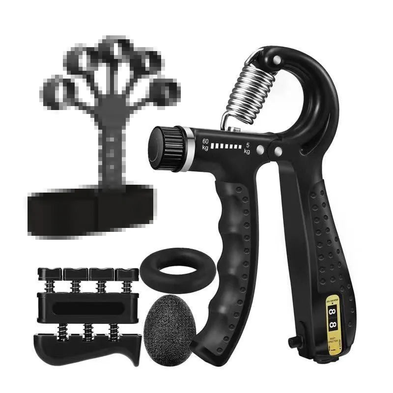 Adjustable count spring grip five-piece set with black and blue hand trainers on a white background