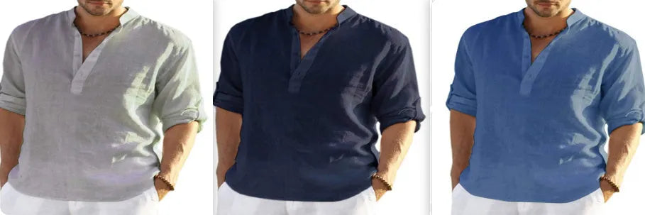 Men's cotton linen shirt with stand collar and long sleeves in solid colour
