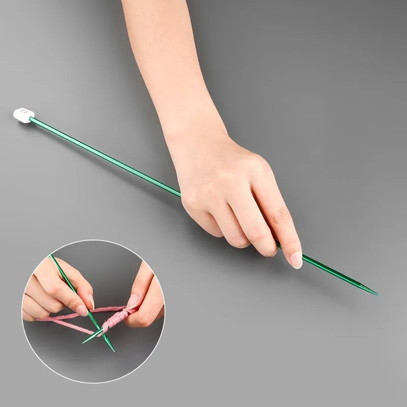 Set of lengthened crochet hooks with end caps displayed in sizes from 2.0mm to 10.0mm.