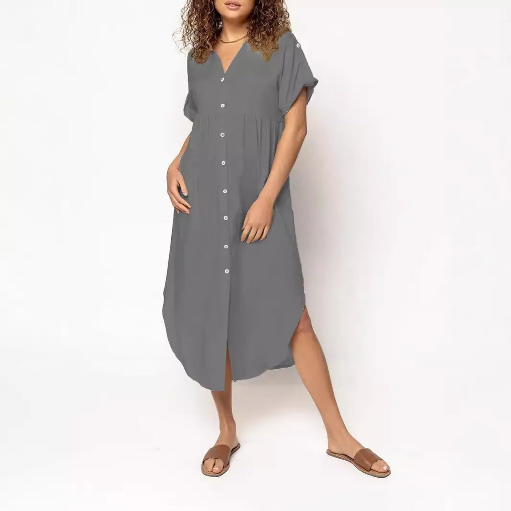 Loose fit casual dress with button front in mid-length design available in multiple solid colours