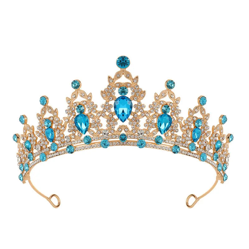 Baroque-style bride crown headdress made of alloy with rhinestone decoration in silver and gold colour options.