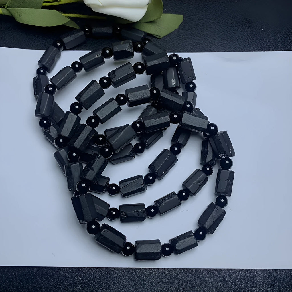 Natural black tourmaline rough stone bracelet with elastic adjustable fit for men and women
