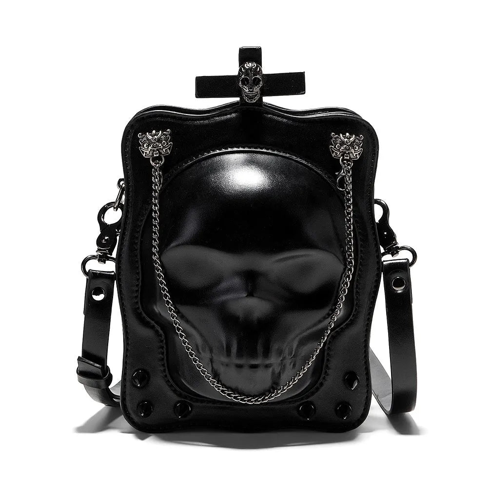 Black mini square crossbody bag with skull gothic design, stitching, rivets and chains on PU leather