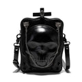 Black mini square crossbody bag with skull gothic design, stitching, rivets and chains on PU leather