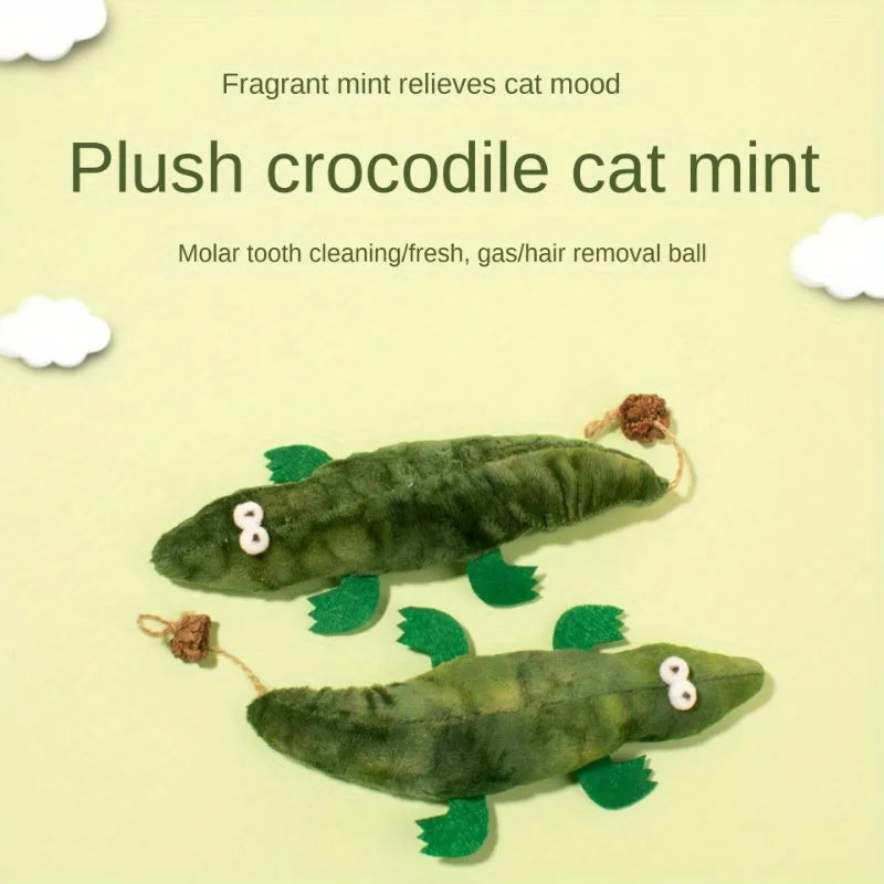 Green plush alligator cat toy measuring 50 cm with catnip and peppermint scent