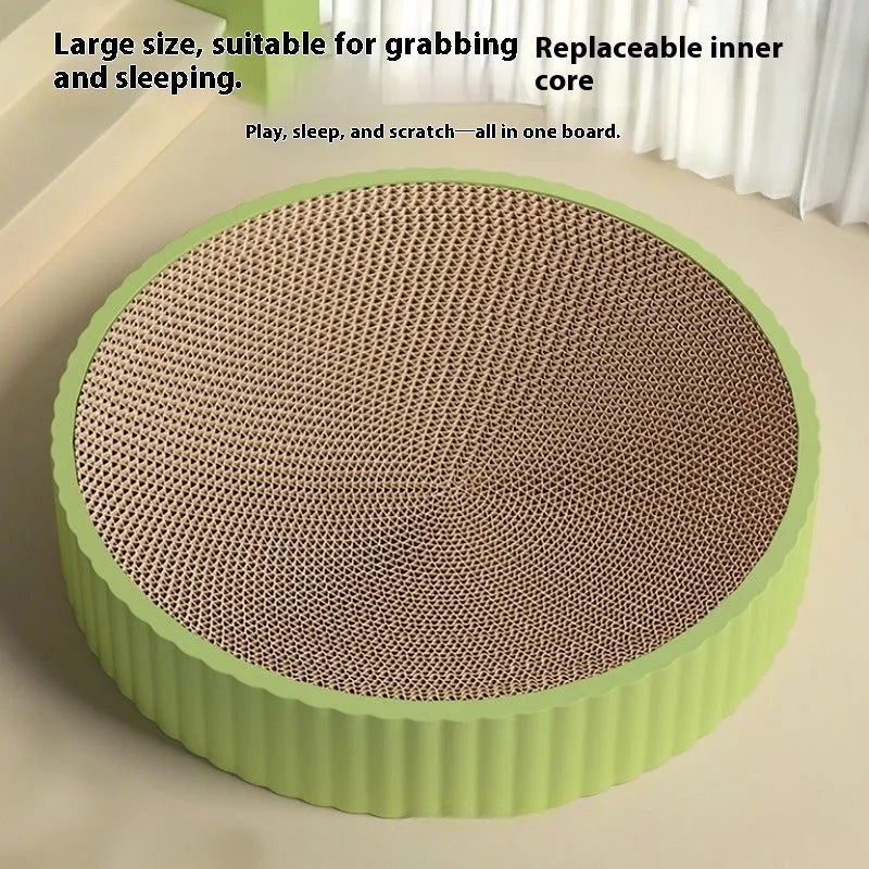 Round green and white 55cm cat scratching board with corrugated cardboard texture and replacement pads