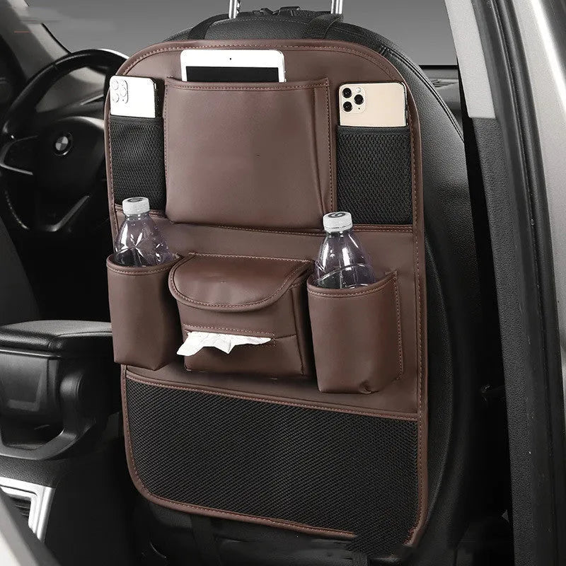 Black leather car seat back storage bag hanging from a headrest