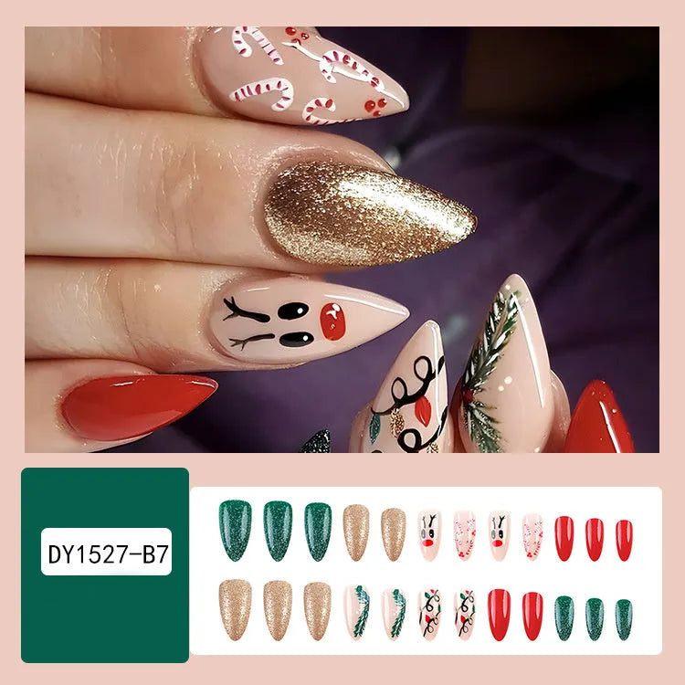 24pcs Christmas false nails with hat striped snowflake nail art stickers, eight colour options, full set