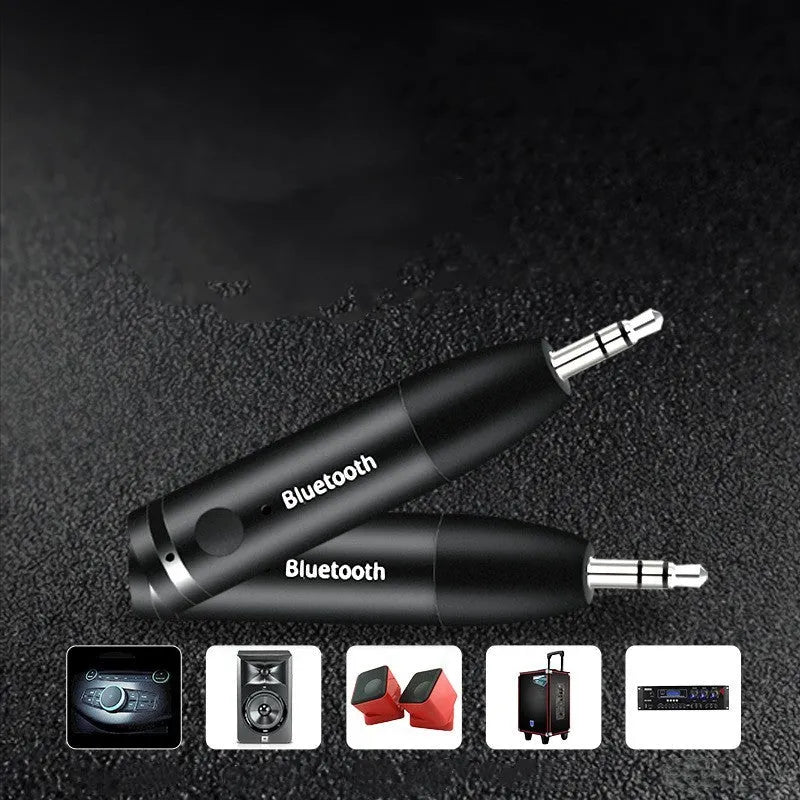 Black car Bluetooth audio receiver with USB cable for wireless music streaming to AUX stereo systems
