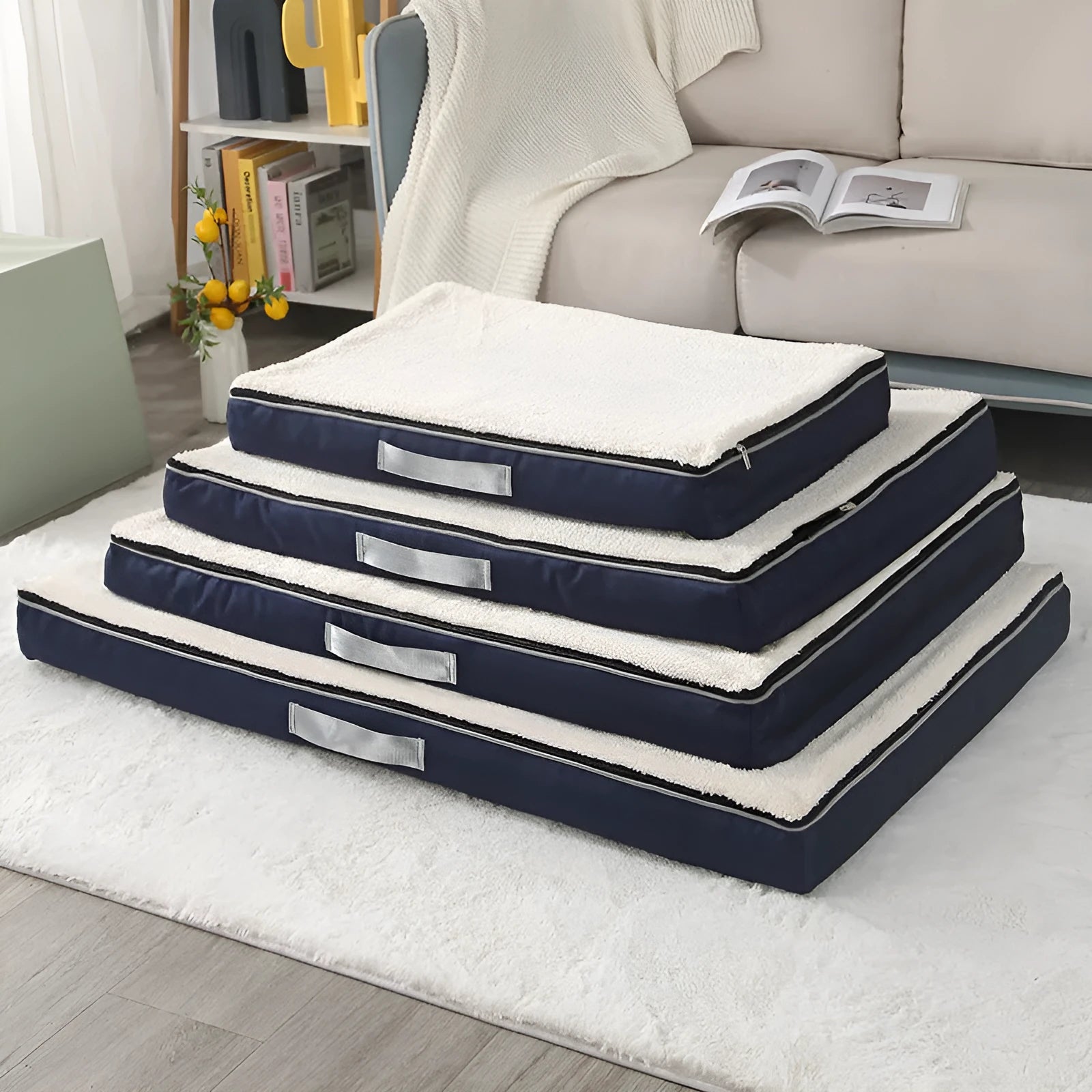 Brown removable cover memory foam dog mat showing size options