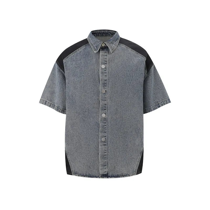 Retro washed blue denim short sleeve jacket and matching trousers co-ordinated suit set.