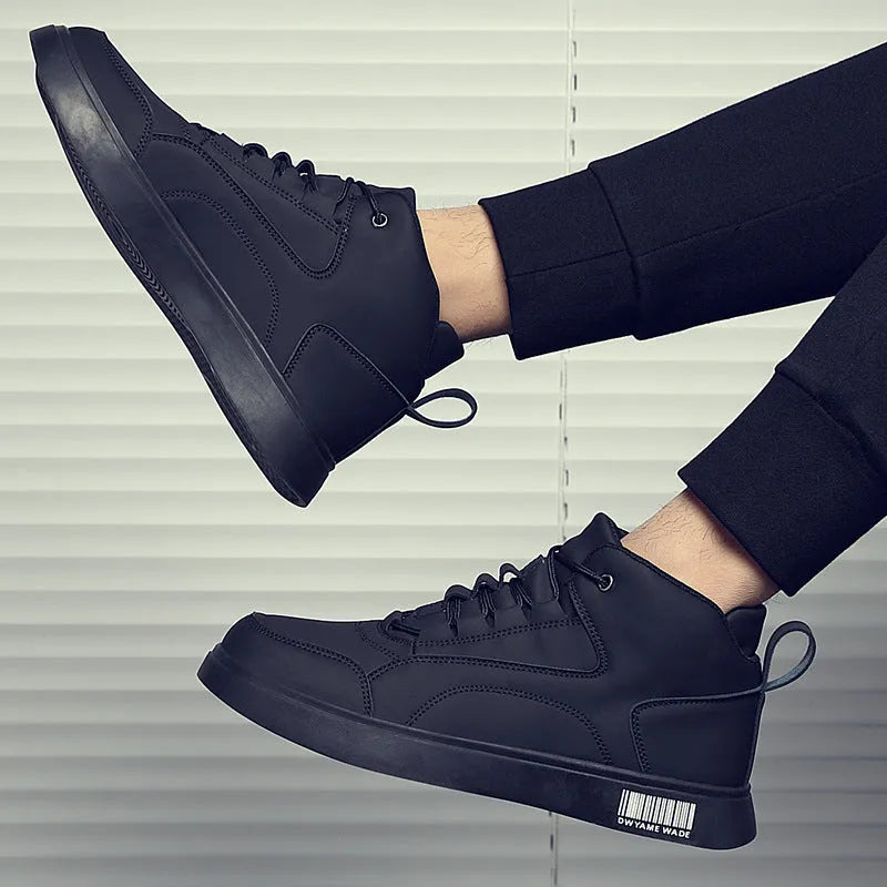 Men's white mid-top casual sports shoes with rubber sole and lace-up front