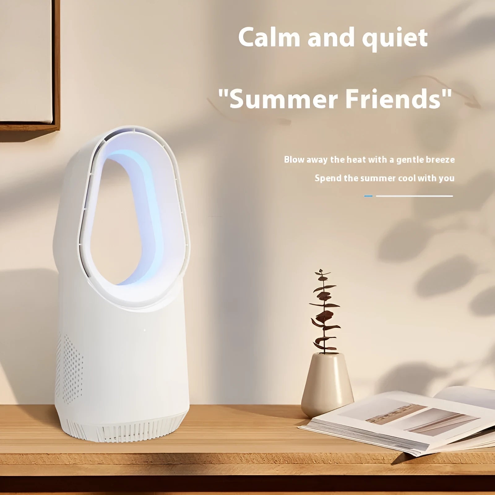 White bladeless tower floor fan with USB port and touch screen controls on a sleek column.