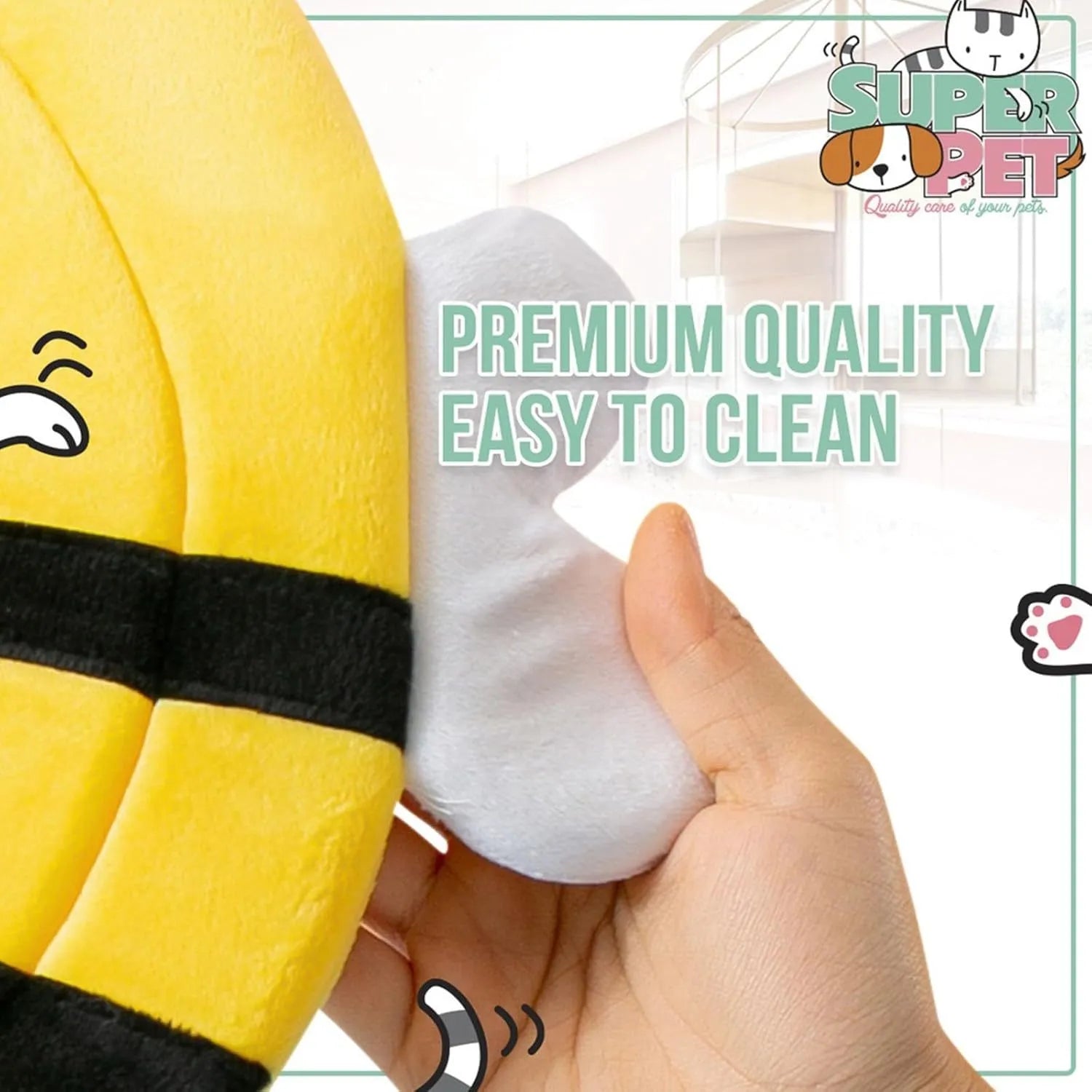 Soft cat cone collar with black and yellow bee design and Velcro strap.