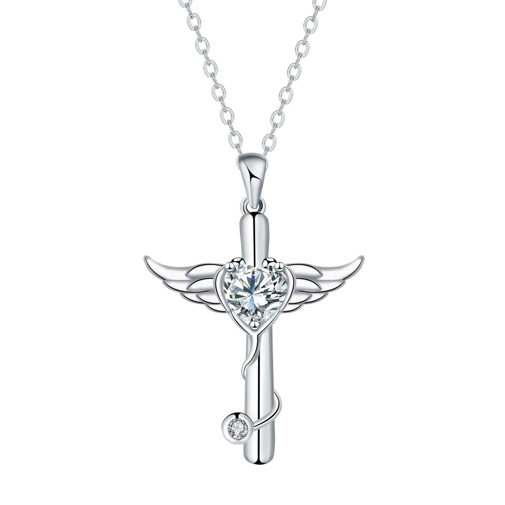 Wings decoration stethoscope necklace in electroplated copper with white or red diamond finish