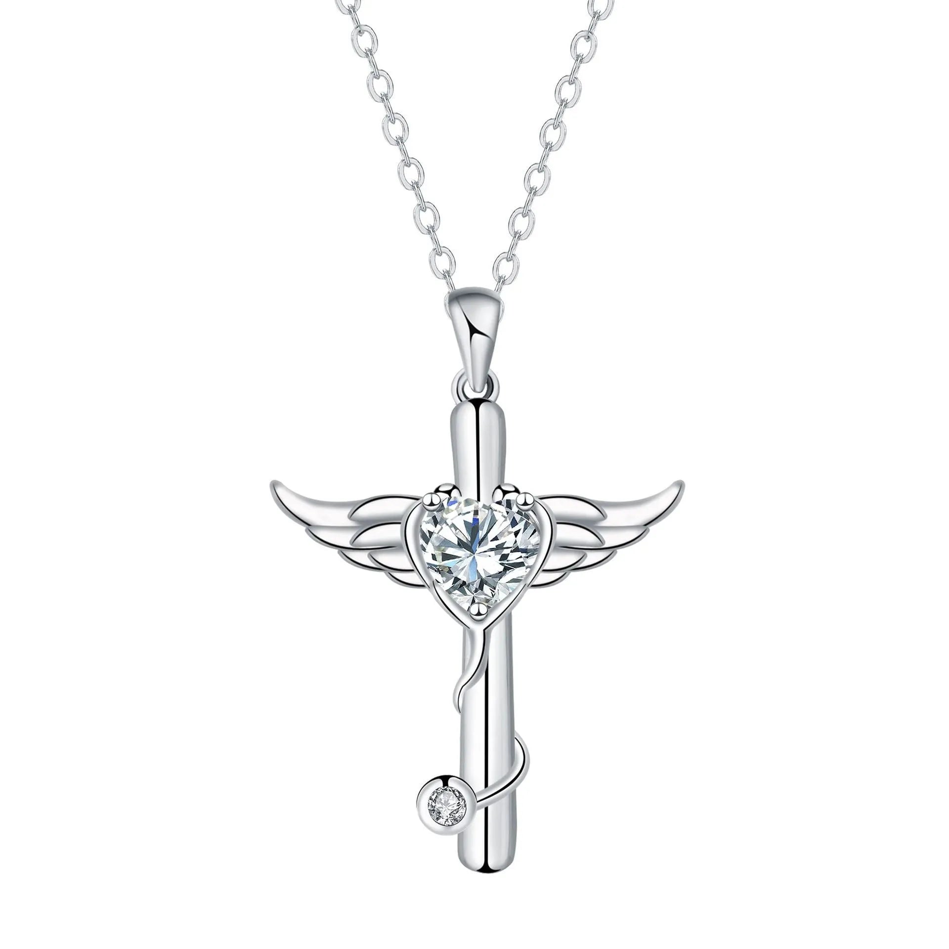 Wings decoration stethoscope necklace in electroplated copper with white or red diamond finish