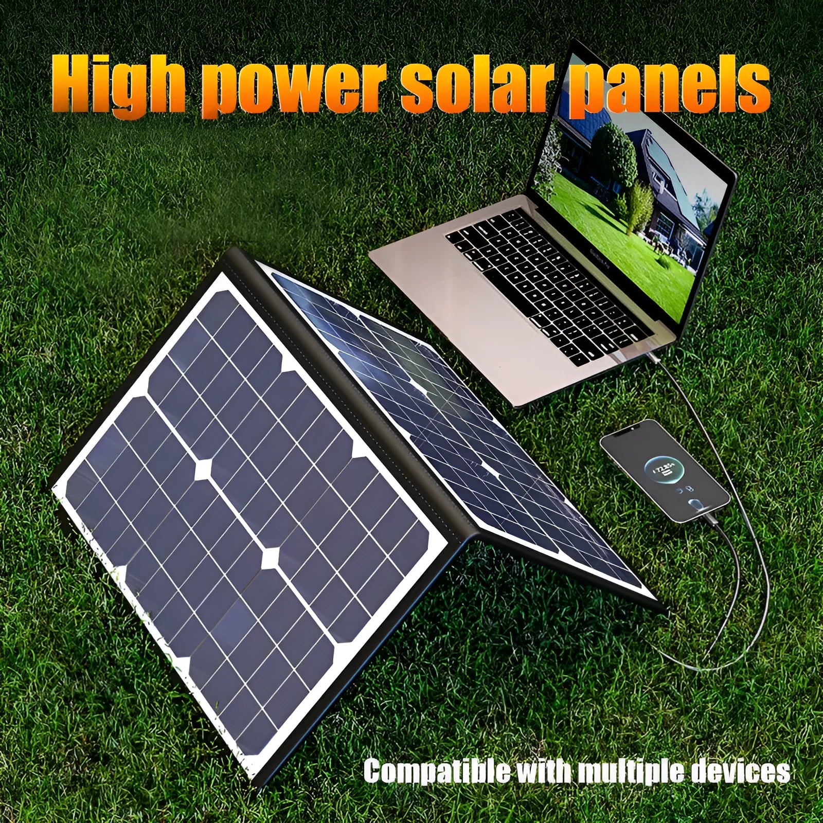 Black foldable solar panel charger bag showing 40W single crystal panel, folded for transport.