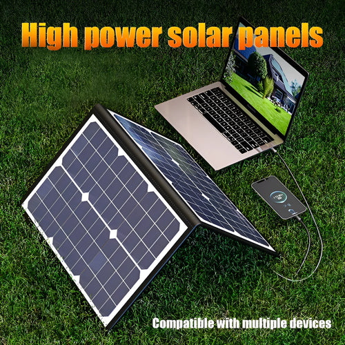 Black foldable solar panel charger bag showing 40W single crystal panel, folded for transport.