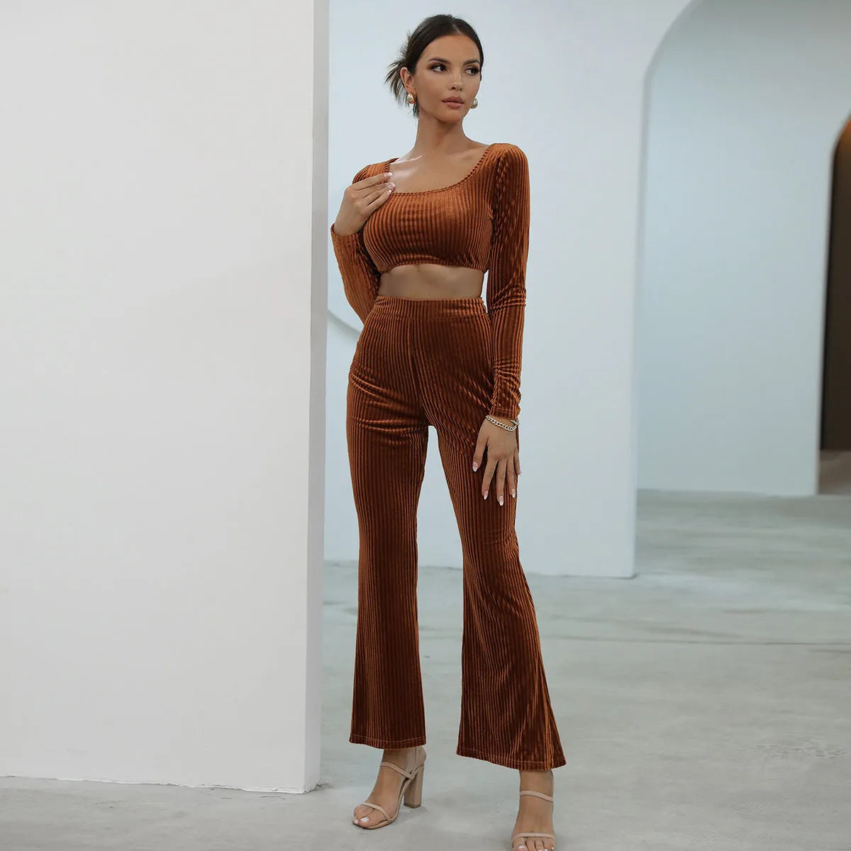 Caramel coloured long sleeve sweater and trouser casual set with Asian sizing options