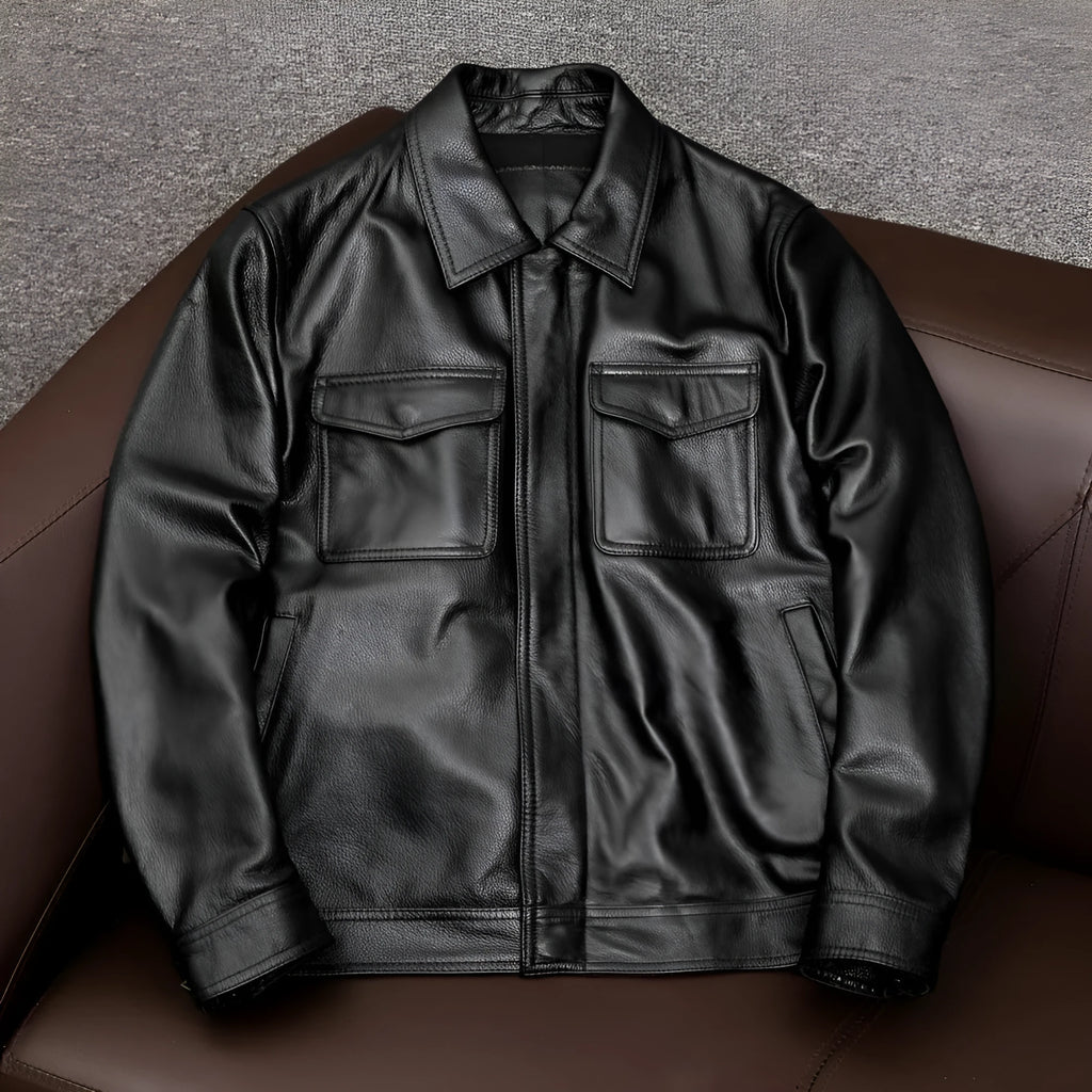 Men's plus size black retro lapel leather jacket with side pockets on a mannequin.