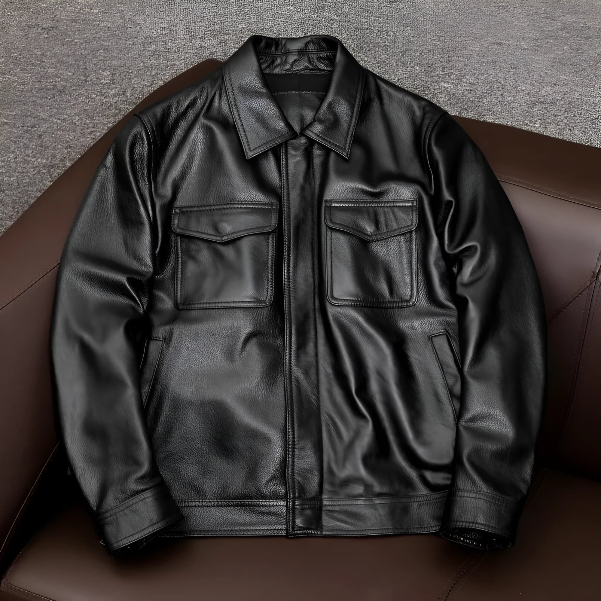 Men's plus size black retro lapel leather jacket with side pockets on a mannequin.