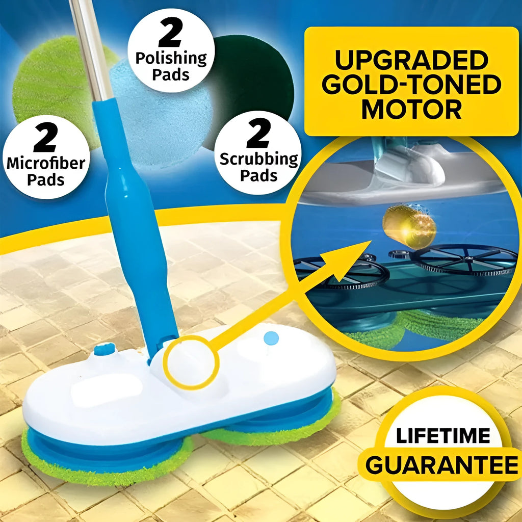 Wireless electric floor mop with USB charging port and multiple cleaning pads including microfiber, scrubbing, and polishing types
