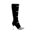 Grey and black women's knee-high boots with a thin high heel on a rubber sole
