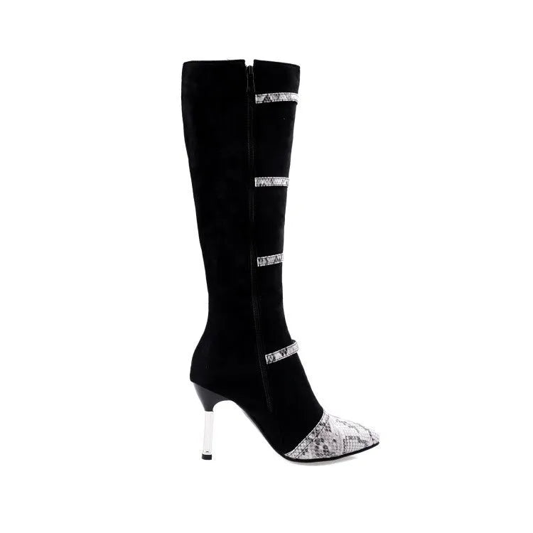 Grey and black women's knee-high boots with a thin high heel on a rubber sole