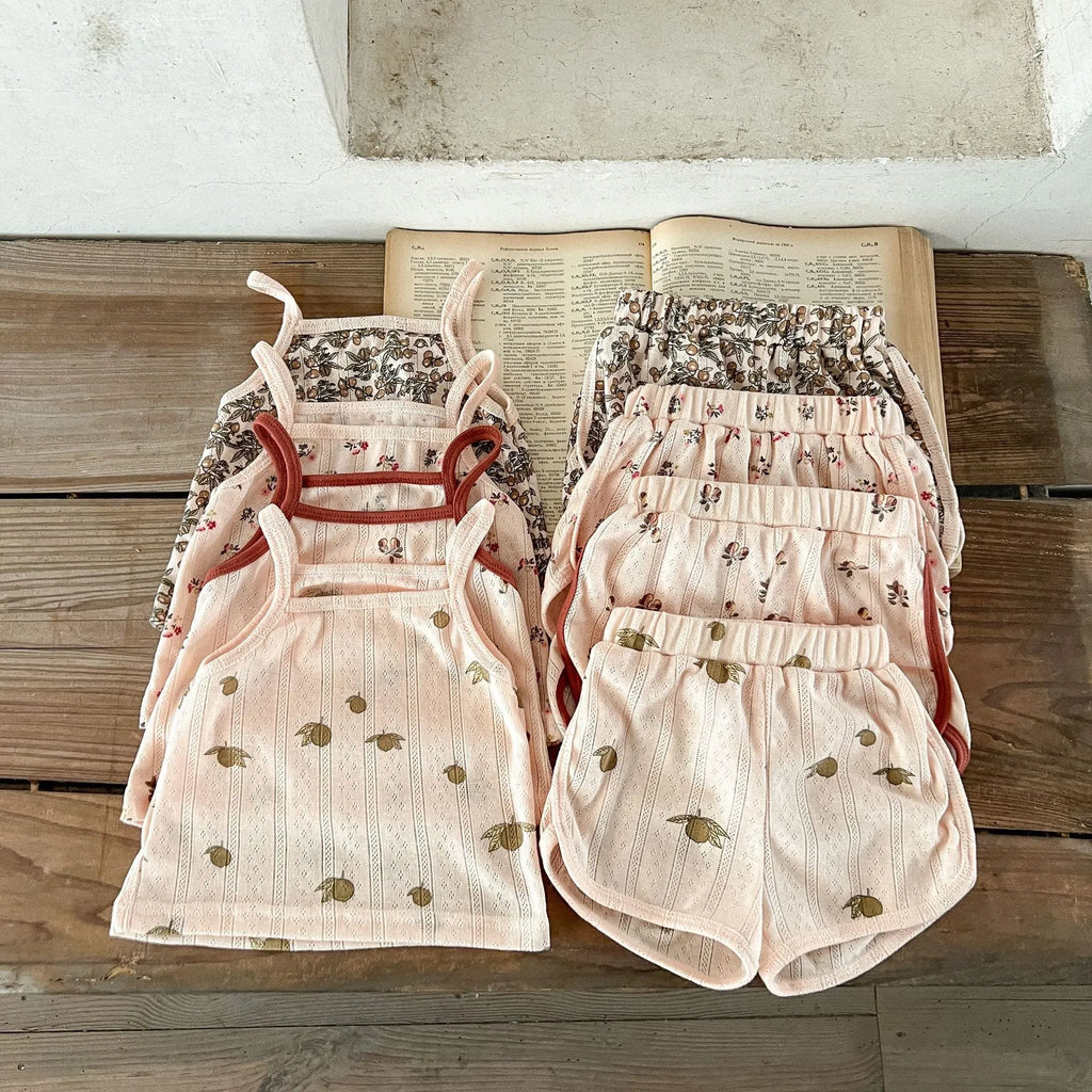 Children's cotton corduroy Danish style summer pyjama set with pullover top and shorts in floral print
