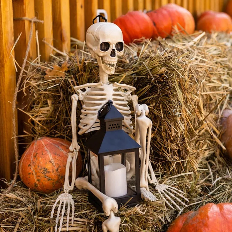 90cm tall posable plastic Halloween skeleton model with movable joints displayed outdoors