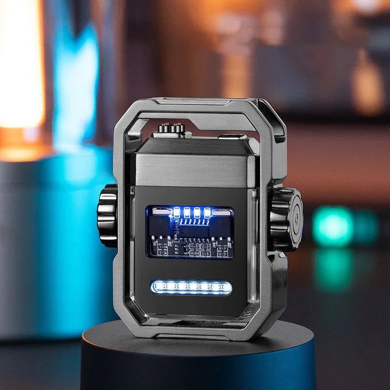 Blue Pulse X12 electric lighter with windproof double arc and a visible mechanical gyroscope, folded for storage.