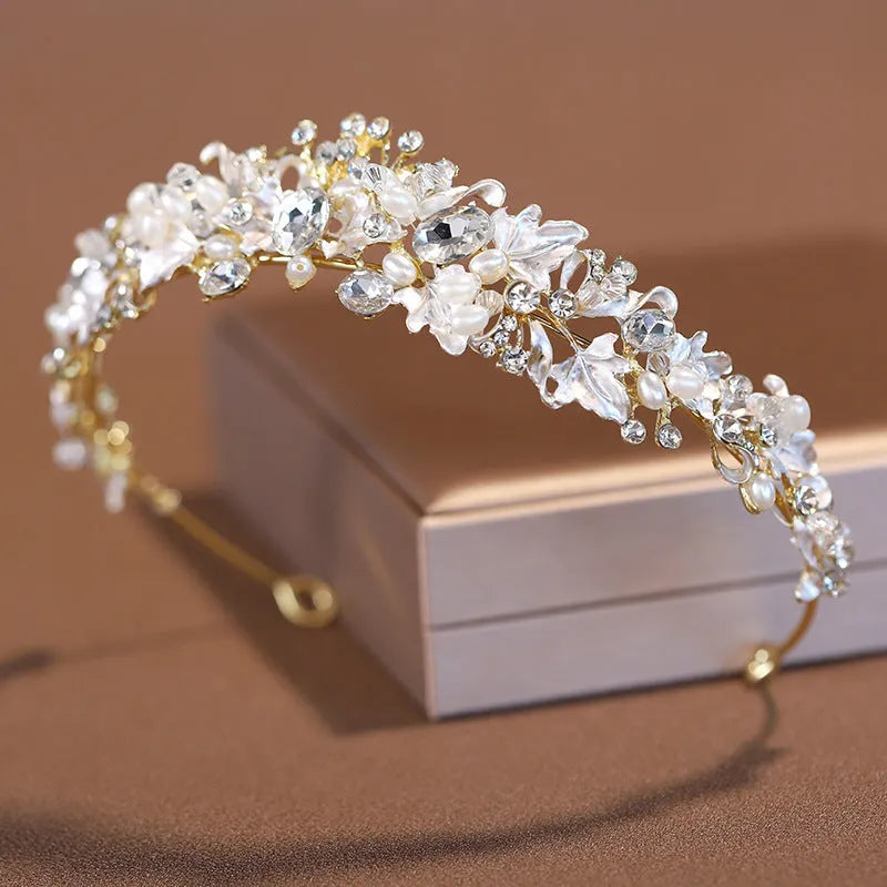Pearl crown headdress with electroplated alloy construction in gold or silver colour