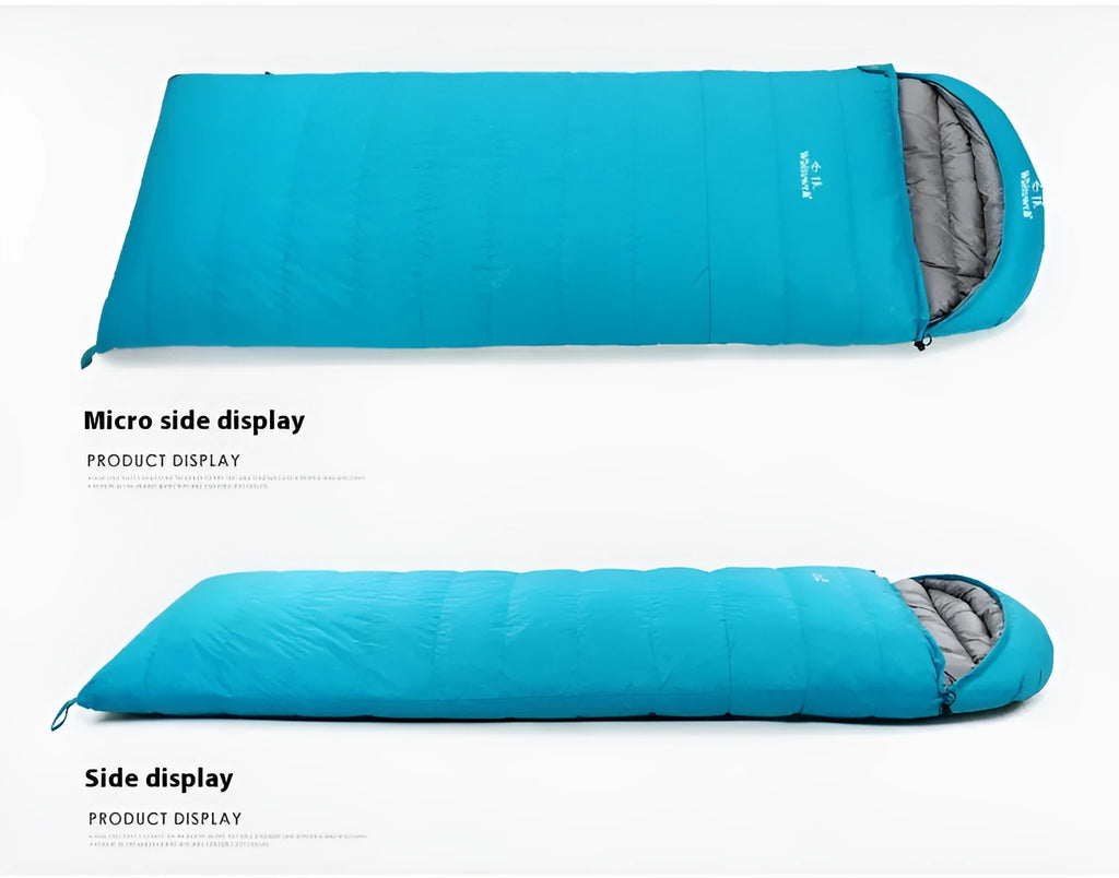 Black outdoor down sleeping bag with envelope construction for adult camping use